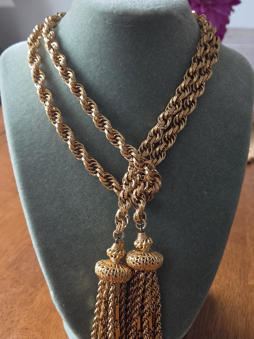 Vintage Classic Gold Tone Double Tassel Rope Chain Necklace By Monet